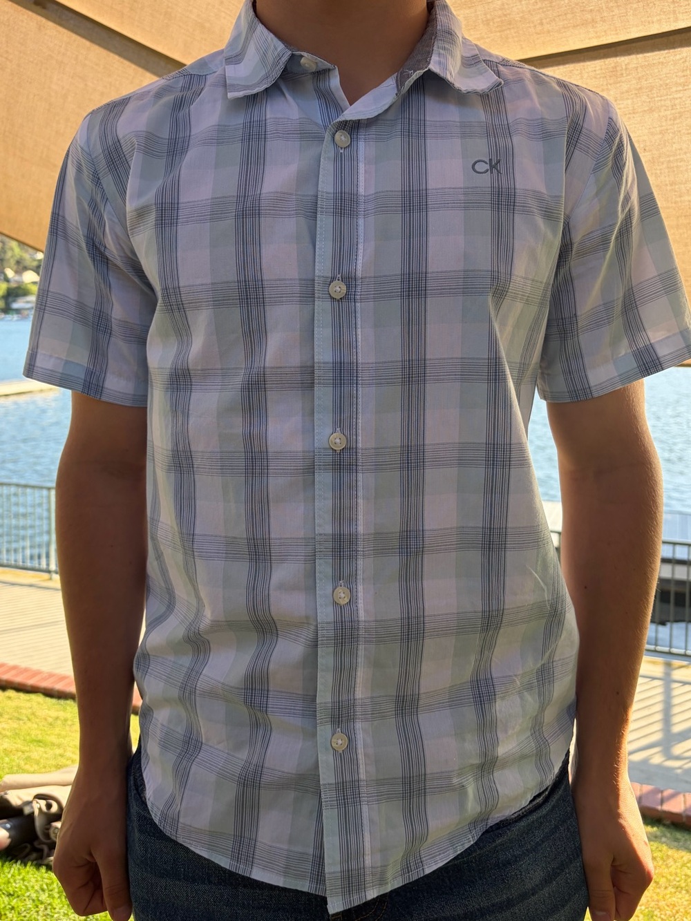 Calvin Klein Boys 14-16 Light Blue and Gray Plaid Short-Sleeve Button-Down Shirt